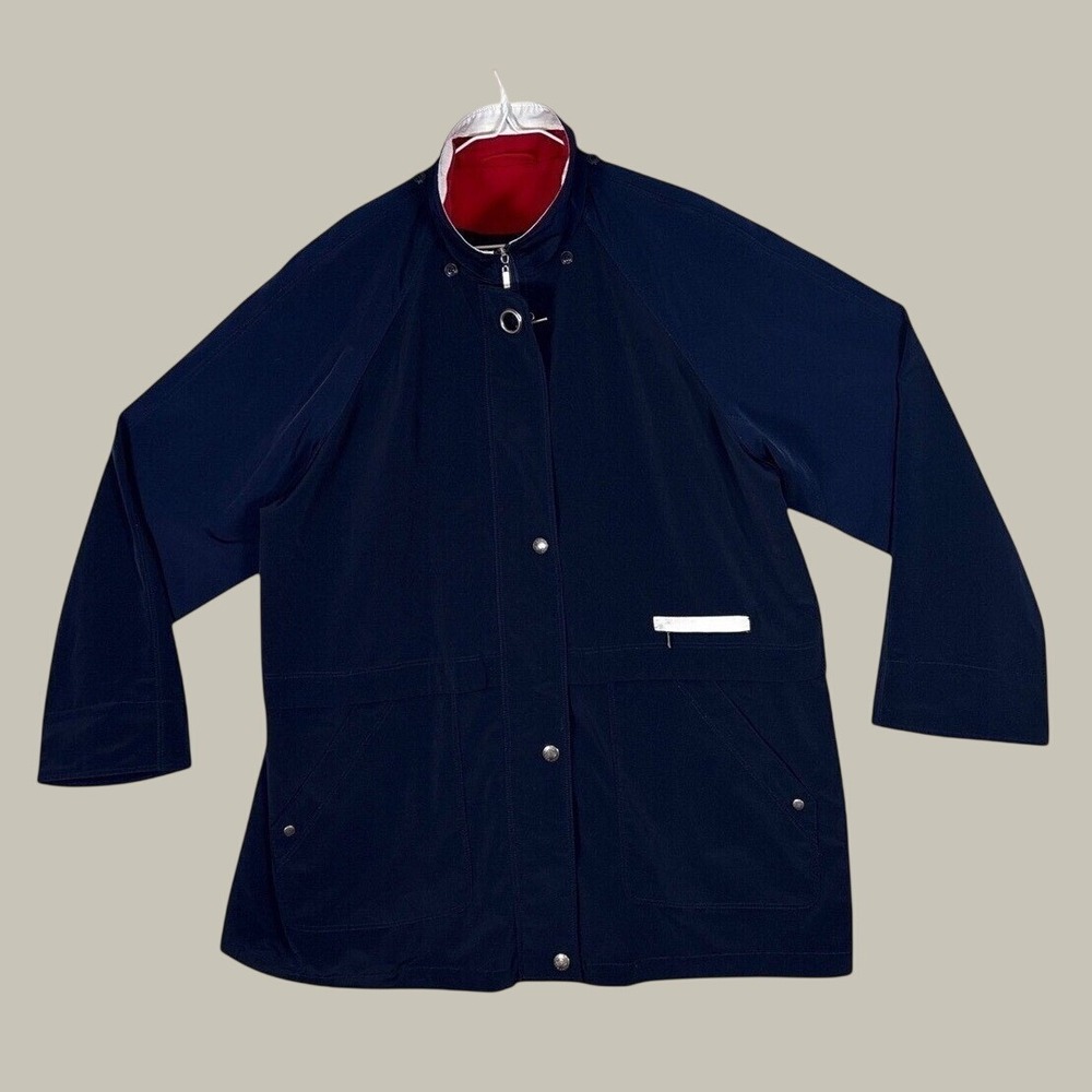 Fitzwright Navy Blue Windbreaker Jacket Womens 1X Red White Trim Full Zip Coat